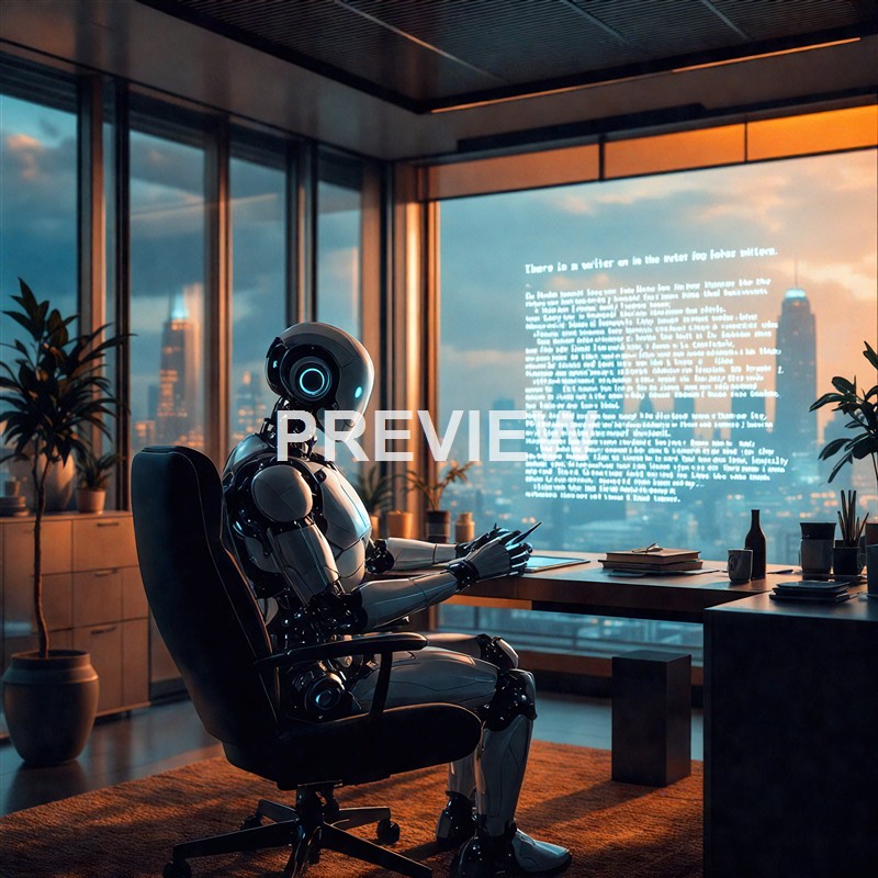 A humanoid robot is sitting in an office chair at a desk in a modern high-rise office with large windows showing a cityscape at sunset, working on a tablet or device.